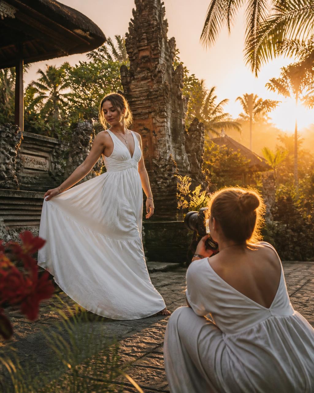 Fotógrafa registrando uma mulher em cenário sagrado de Bali