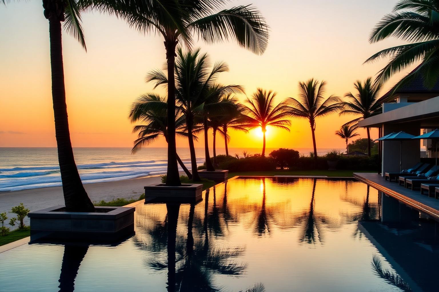 Resort à beira-mar em Canggu com piscina e coqueiros ao pôr do sol